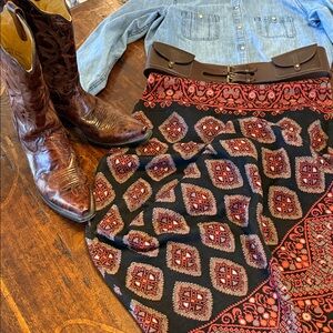 Peruvian Connection Kilim Patterned - Maxi Skirt Red & Black-Size Medium